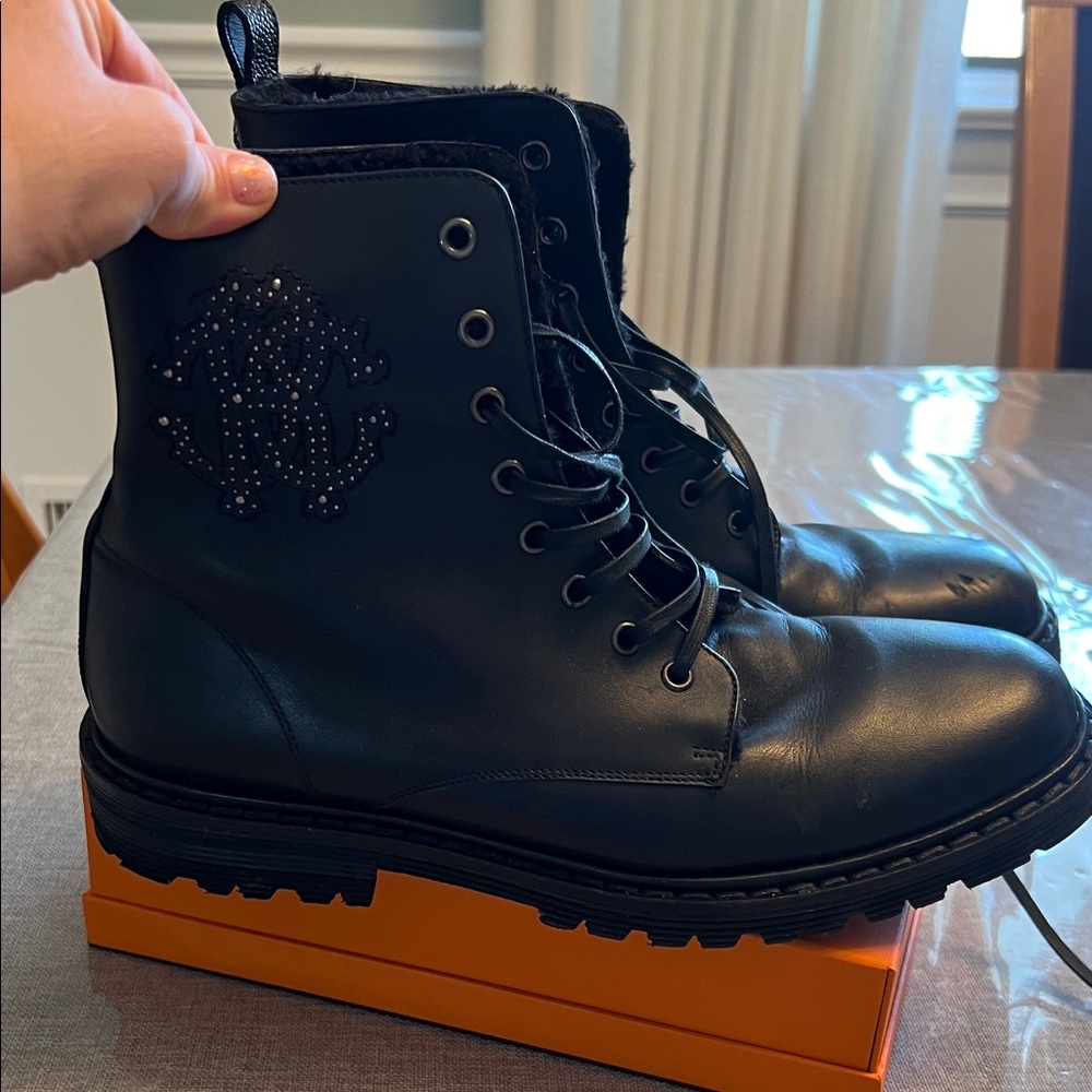 Roberto Cavalli Black Leather Lace-Up Combat Boots with Studded Crest